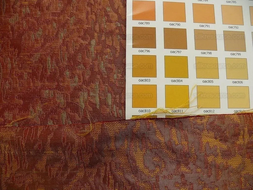 100% Silk Lampas Ikat Medallion "burnished" Red Pink, Orange Gold Reversible Mid-Century