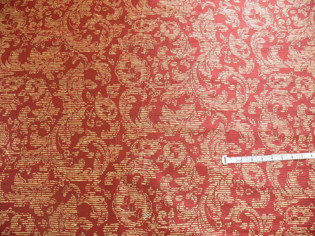 By Yard Filtered Sunray 100% Silk Damask Vine in Pin Stripe Paisley Crimson Red Gold Strie MSRP USD 275