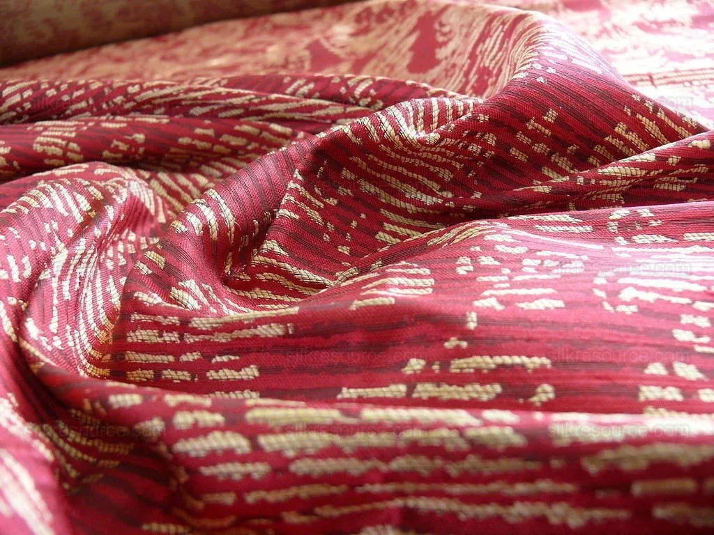 By Yard Filtered Sunray 100% Silk Damask Vine in Pin Stripe Paisley Crimson Red Gold Strie MSRP USD 275