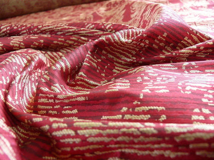 By Yard Filtered Sunray 100% Silk Damask Vine in Pin Stripe Paisley Crimson Red Gold Strie MSRP USD 275