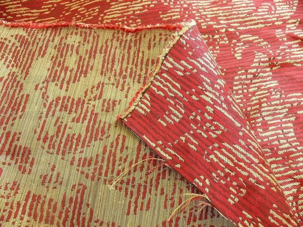 By Yard Filtered Sunray 100% Silk Damask Vine in Pin Stripe Paisley Crimson Red Gold Strie MSRP USD 275