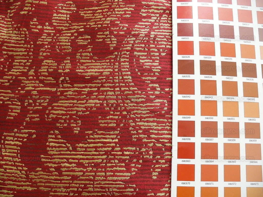 By Yard Filtered Sunray 100% Silk Damask Vine in Pin Stripe Paisley Crimson Red Gold Strie MSRP USD 275