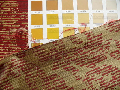 By Yard Filtered Sunray 100% Silk Damask Vine in Pin Stripe Paisley Crimson Red Gold Strie MSRP USD 275