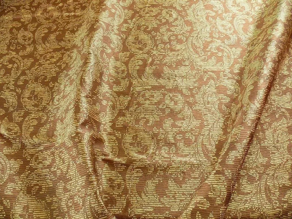 By Yard Filtered Sunray 100% Silk Damask Vine in Pin Stripe Paisley Java Brown Gold Strie MSRP USD 275