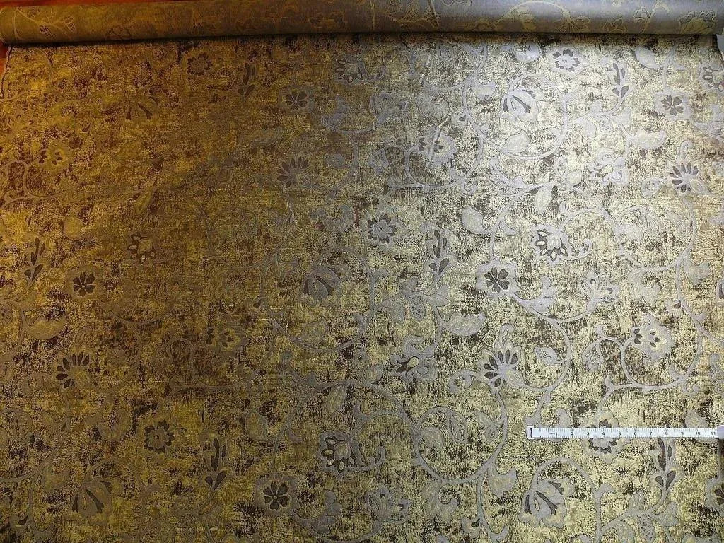 by yard 100% Silk Lampas Aged Metal Woven Flower "marble" Silver