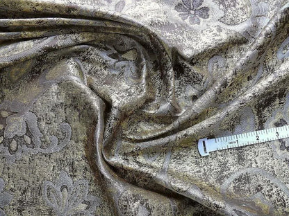 by yard 100% Silk Lampas Aged Metal Woven Flower "marble" Silver
