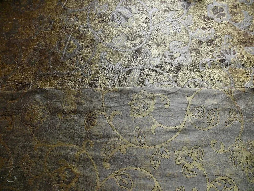 by yard 100% Silk Lampas Aged Metal Woven Flower "marble" Silver