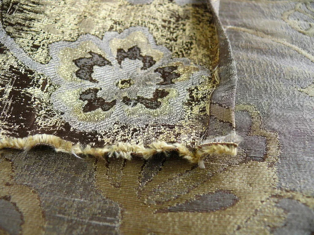 by yard 100% Silk Lampas Aged Metal Woven Flower "marble" Silver