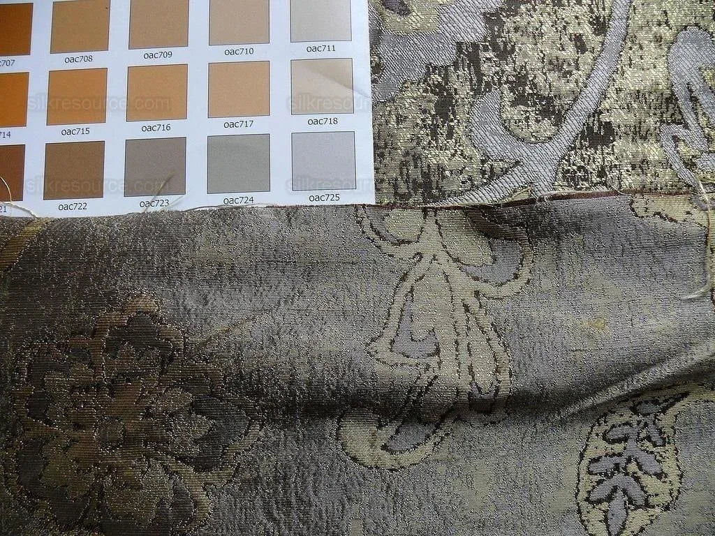 by yard 100% Silk Lampas Aged Metal Woven Flower "marble" Silver