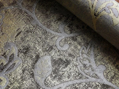 by yard 100% Silk Lampas Aged Metal Woven Flower "marble" Silver