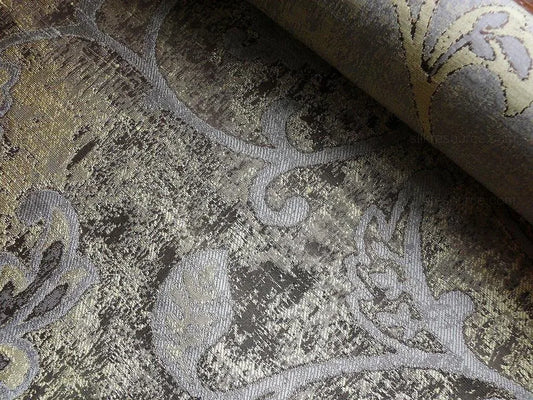 by yard 100% Silk Lampas Aged Metal Woven Flower "marble" Silver