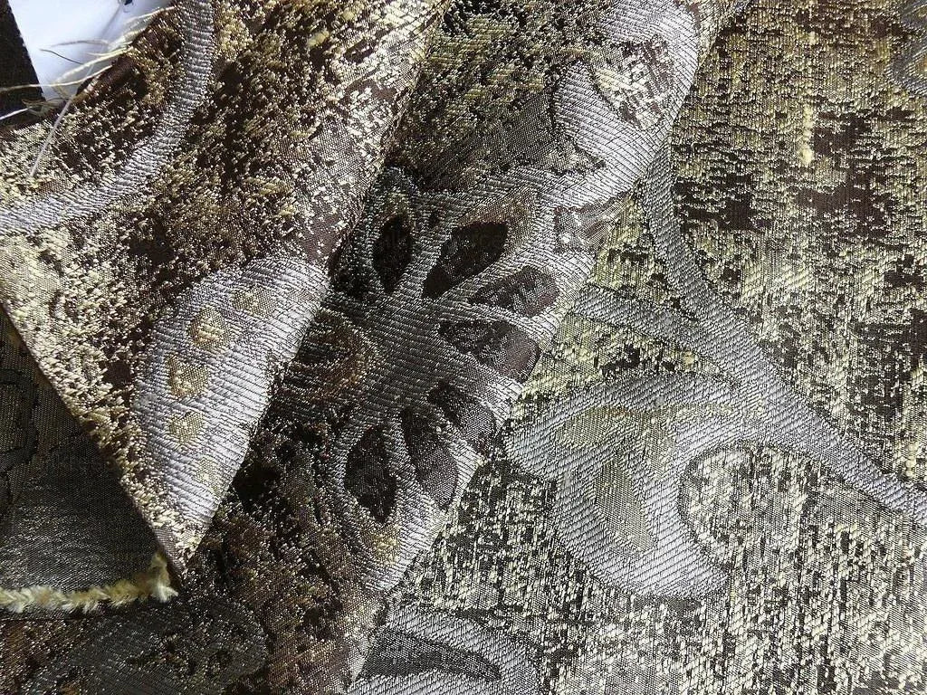 by yard 100% Silk Lampas Aged Metal Woven Flower "marble" Silver