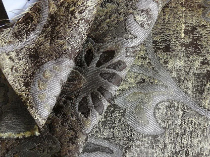 by yard 100% Silk Lampas Aged Metal Woven Flower "marble" Silver