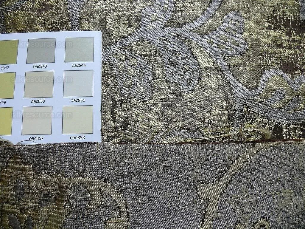 by yard 100% Silk Lampas Aged Metal Woven Flower "marble" Silver