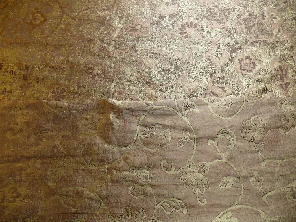 100% Silk Lampas Aged Metal Woven Flower "sage" Gold