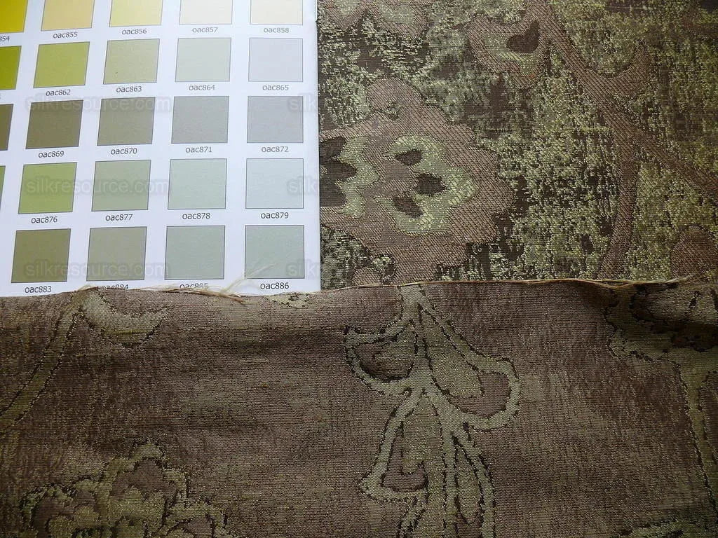 100% Silk Lampas Aged Metal Woven Flower "sage" Gold