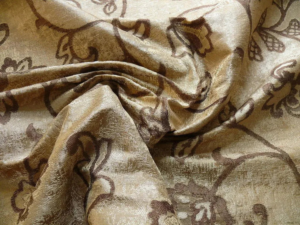 100% Silk Lampas Aged Metal Crewel Flower "hemp" Khaki