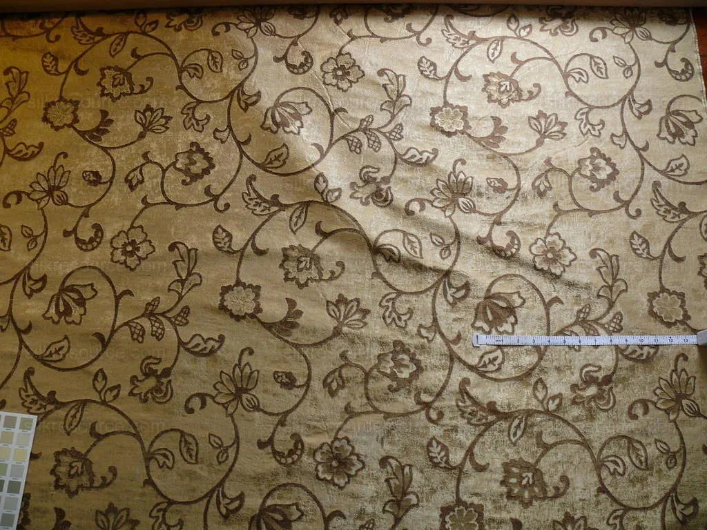 100% Silk Lampas Aged Metal Woven Flower "hemp" Khaki