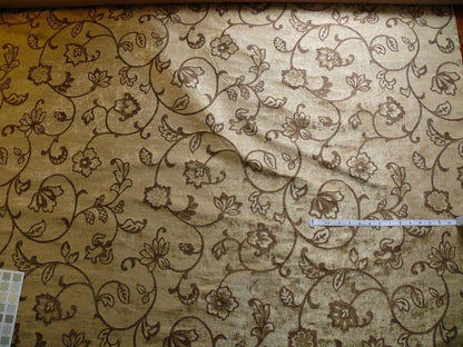 100% Silk Lampas Aged Metal Crewel Flower "hemp" Khaki