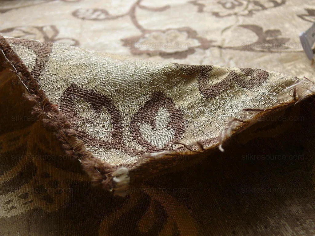 100% Silk Lampas Aged Metal Crewel Flower "hemp" Khaki