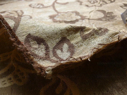 100% Silk Lampas Aged Metal Crewel Flower "hemp" Khaki