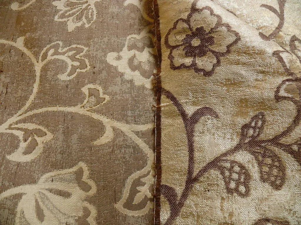 100% Silk Lampas Aged Metal Crewel Flower "hemp" Khaki