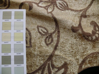 100% Silk Lampas Aged Metal Crewel Flower "hemp" Khaki