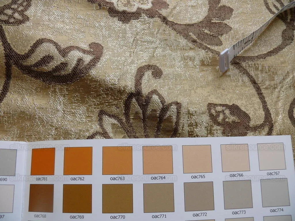 100% Silk Lampas Aged Metal Crewel Flower "hemp" Khaki