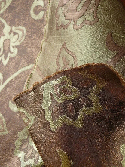 100% Silk Lampas Aged Metal Woven Flower "pear" Brown