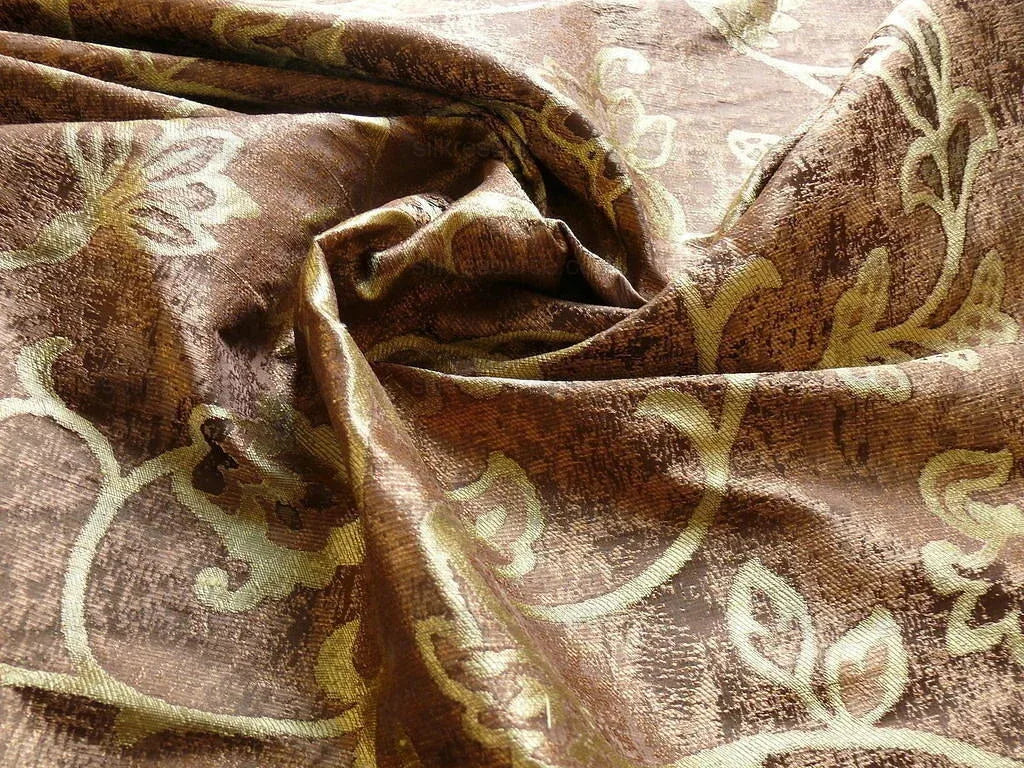 100% Silk Lampas Aged Metal Woven Flower "pear" Brown