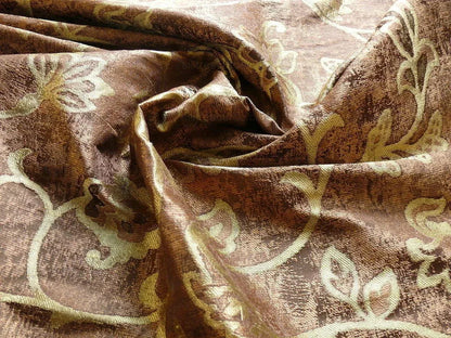 100% Silk Lampas Aged Metal Woven Flower "pear" Brown