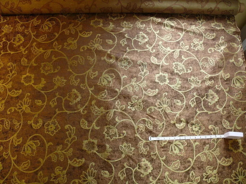 100% Silk Lampas Aged Metal Woven Flower "pear" Brown