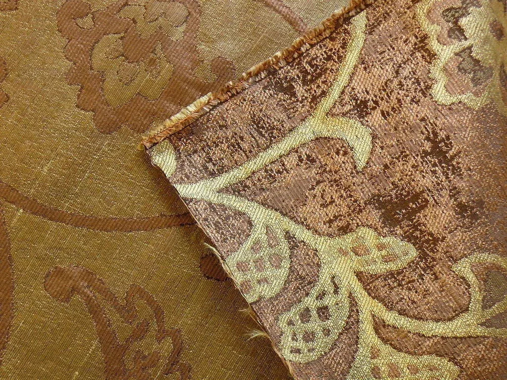 100% Silk Lampas Aged Metal Woven Flower "pear" Brown
