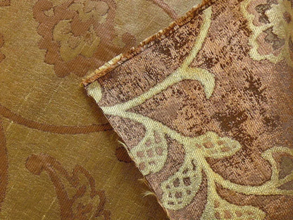 100% Silk Lampas Aged Metal Woven Flower "pear" Brown