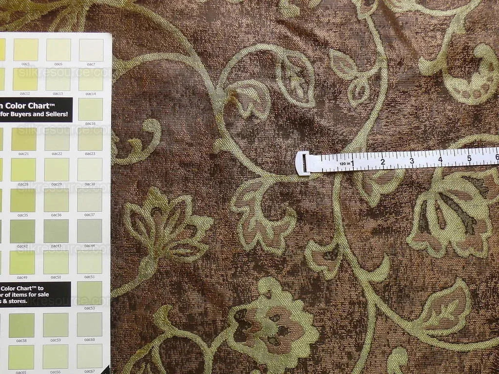 100% Silk Lampas Aged Metal Woven Flower "pear" Brown