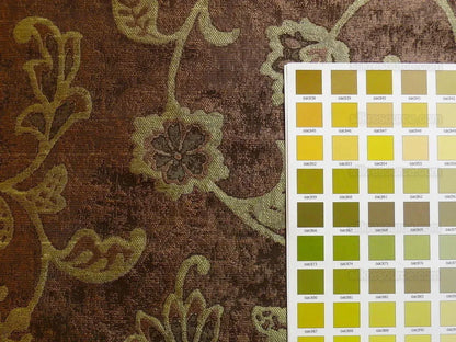 100% Silk Lampas Aged Metal Woven Flower "pear" Brown