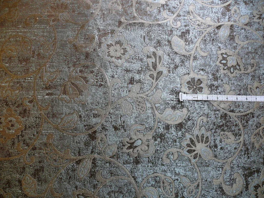 100% Silk Lampas Aged Metal Woven Flower "granite" Silver