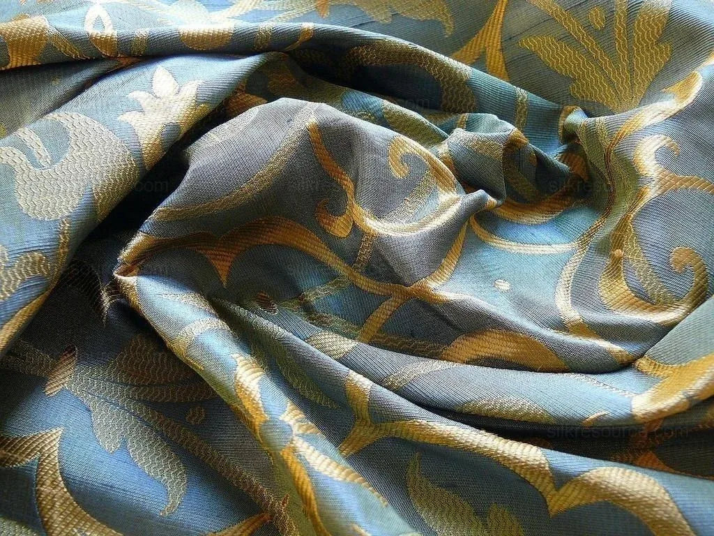by yard 100% Silk Jacquard Filigree Mural Damask Filigree Mural "reflection" Blue Brown Gold  Mid Century