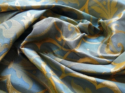 by yard 100% Silk Jacquard Filigree Mural Damask Filigree Mural "reflection" Blue Brown Gold  Mid Century