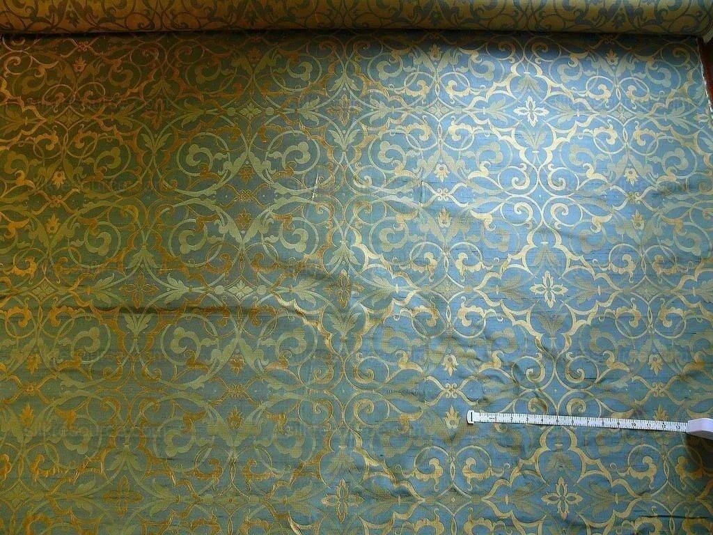 by yard 100% Silk Jacquard Filigree Mural Damask Filigree Mural "reflection" Blue Brown Gold  Mid Century
