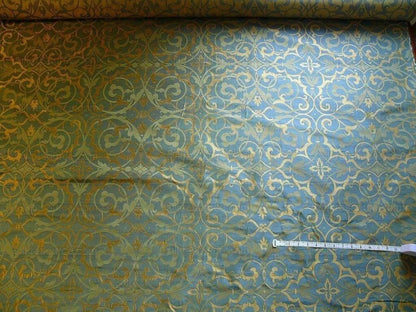 by yard 100% Silk Jacquard Filigree Mural Damask Filigree Mural "reflection" Blue Brown Gold  Mid Century
