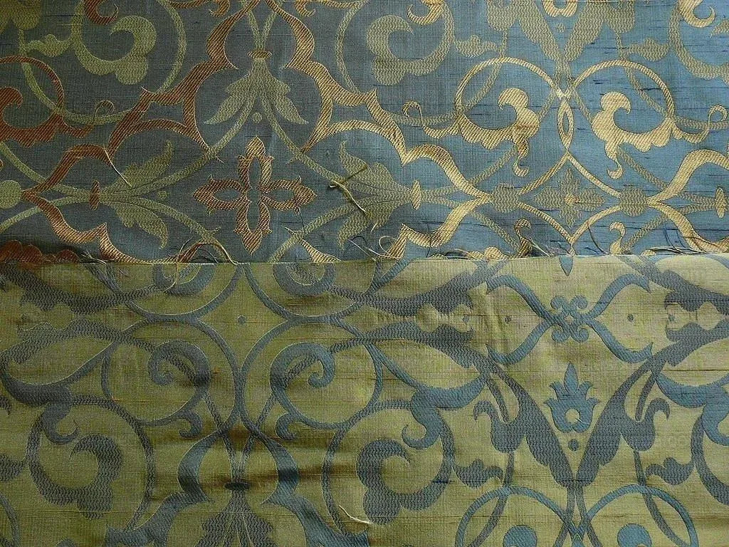 by yard 100% Silk Jacquard Filigree Mural Damask Filigree Mural "reflection" Blue Brown Gold  Mid Century