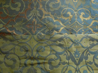 by yard 100% Silk Jacquard Filigree Mural Damask Filigree Mural "reflection" Blue Brown Gold  Mid Century
