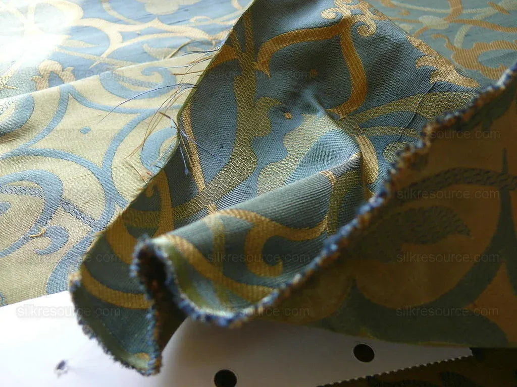 by yard 100% Silk Jacquard Filigree Mural Damask Filigree Mural "reflection" Blue Brown Gold  Mid Century