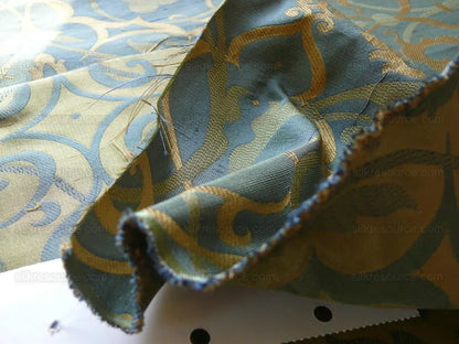by yard 100% Silk Jacquard Filigree Mural Damask Filigree Mural "reflection" Blue Brown Gold  Mid Century