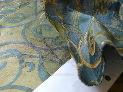 by yard 100% Silk Jacquard Filigree Mural Damask Filigree Mural "reflection" Blue Brown Gold  Mid Century