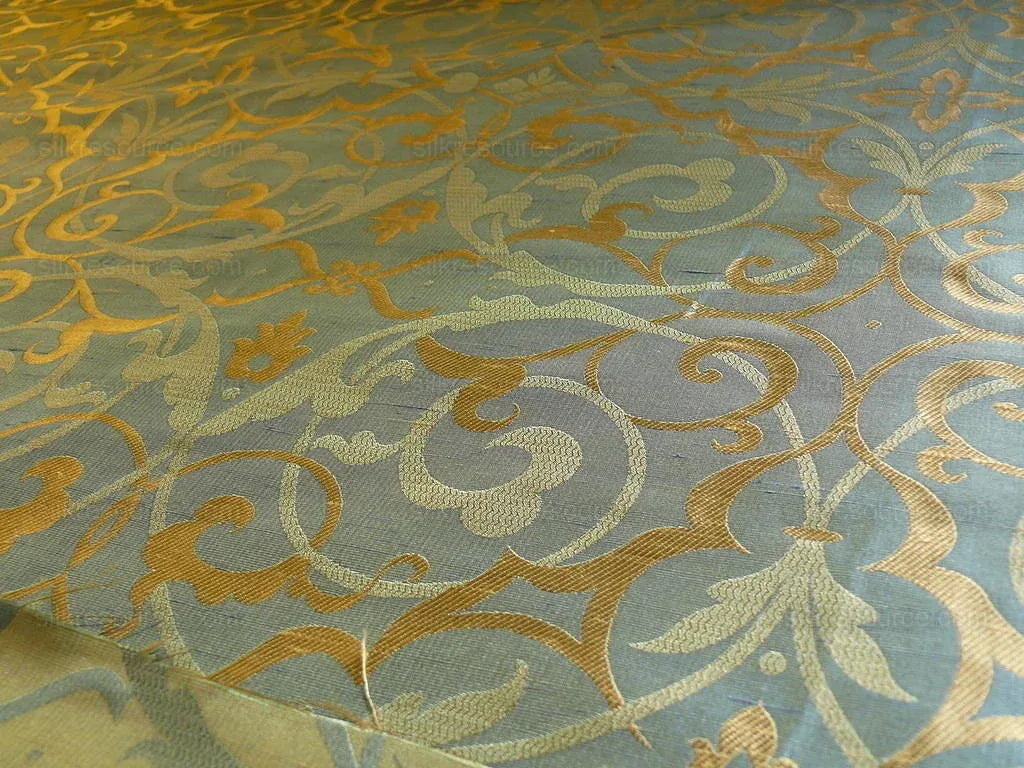 by yard 100% Silk Jacquard Filigree Mural Damask Filigree Mural "reflection" Blue Brown Gold  Mid Century