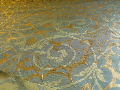 by yard 100% Silk Jacquard Filigree Mural Damask Filigree Mural "reflection" Blue Brown Gold  Mid Century