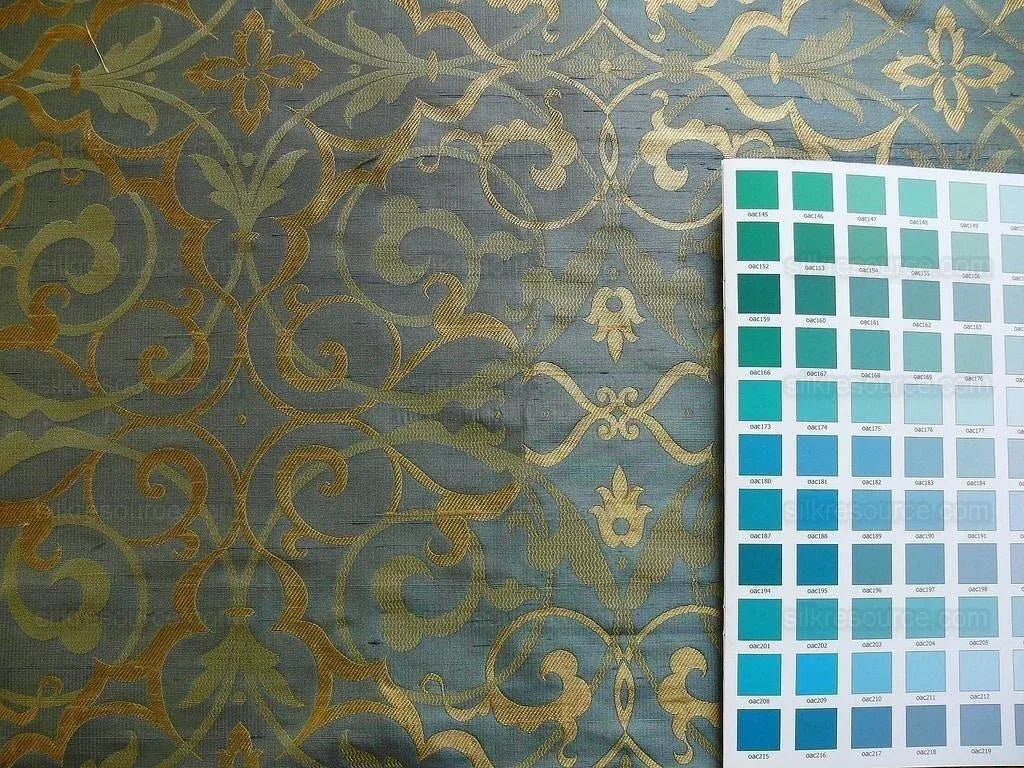 by yard 100% Silk Jacquard Filigree Mural Damask Filigree Mural "reflection" Blue Brown Gold  Mid Century