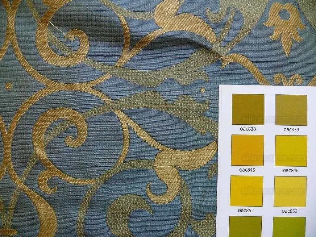 by yard 100% Silk Jacquard Filigree Mural Damask Filigree Mural "reflection" Blue Brown Gold  Mid Century